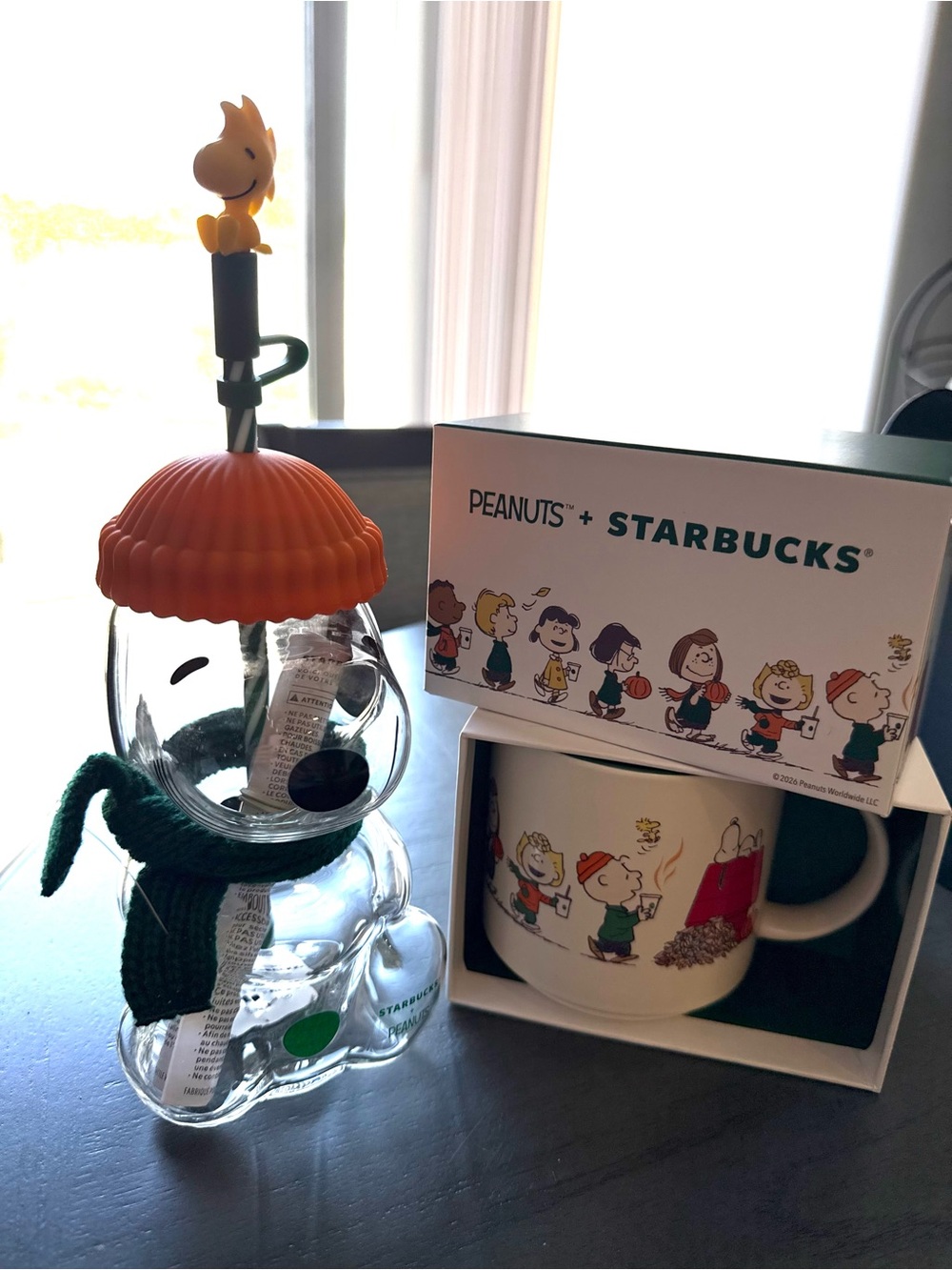 Starbucks x Peanuts Glass Snoopy Mug and Peanuts mug